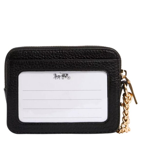 COACH Zip Card Case Black Pebble Leather Gold Accents Detachable Chain - Picture 3 of 7